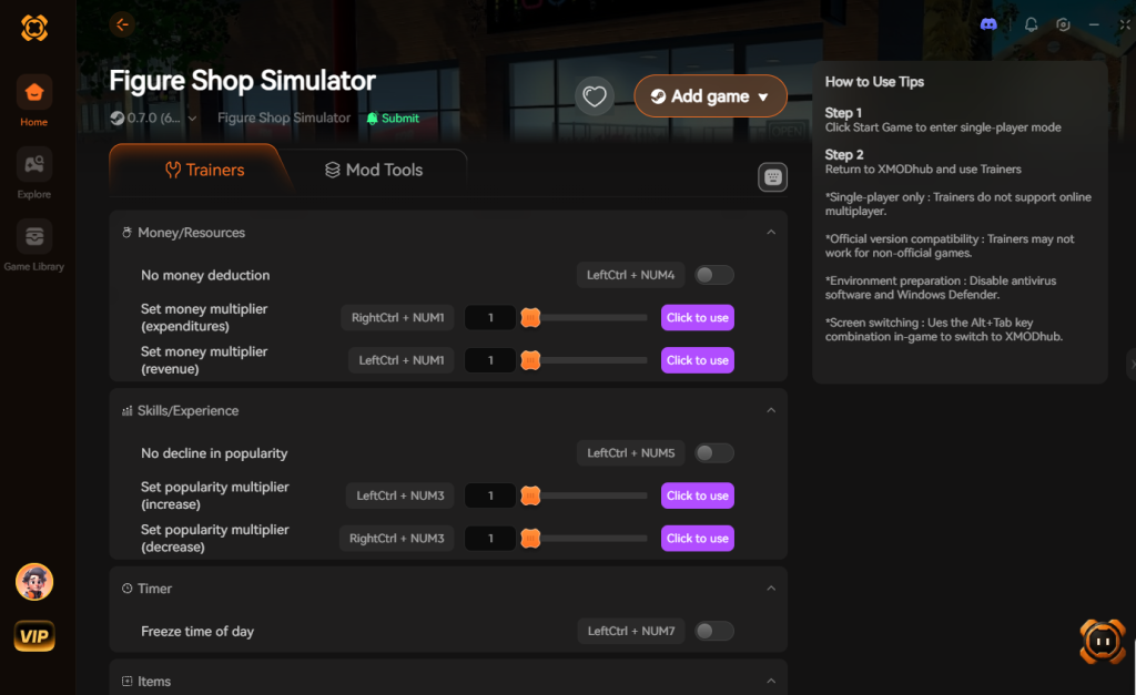 Figure Shop Simulator trainer interface featuring Money/Resources, Skills/Experience, and Timer options.