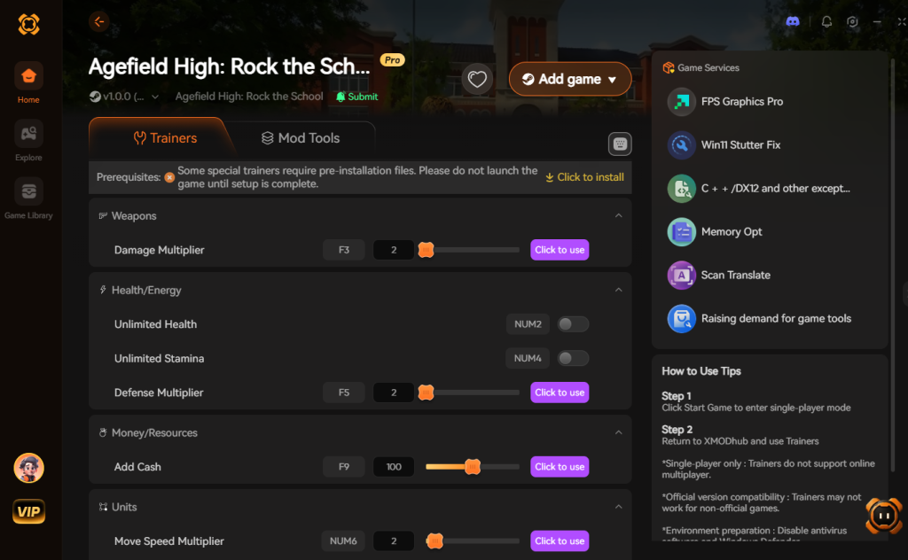 Agefield High: Rock the School trainer interface featuring Weapons, Health/Energy, Money/Resources, and Units options.