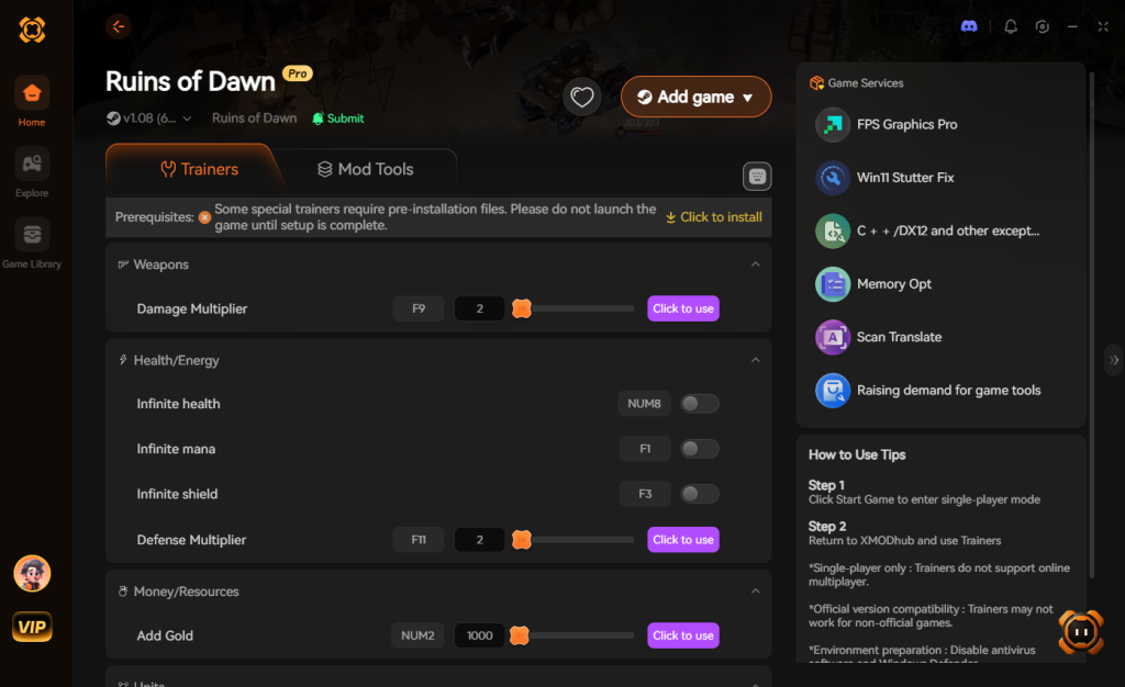 Ruins of Dawn Pro trainer interface on XMODhub featuring Weapons, Health/Energy, and Money/Resources options.