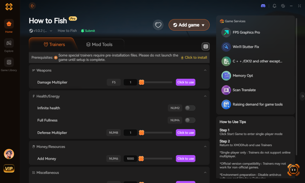 XMODhub 用戶端應用程式介面,顯示《How to Fish》可用的修改器、模組、遊戲服務和說明。
