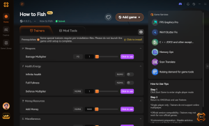 Интерфейс приложения-клиента XMODhub для игры How to Fish, показывающий доступные трейнеры, моды, игровые сервисы и инструкции.