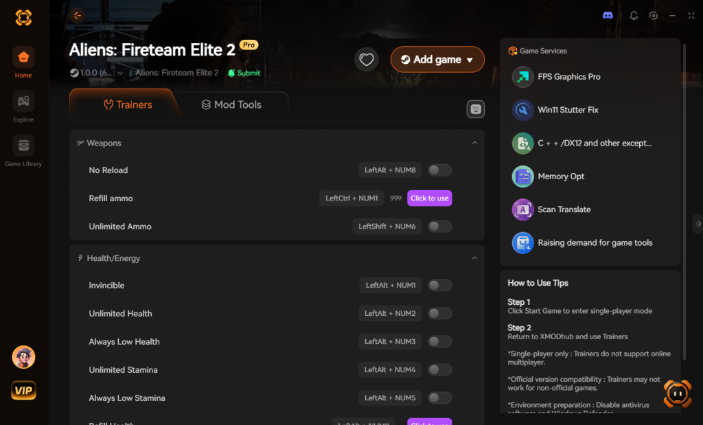 XMODhub client application interface for the game Aliens: Fireteam Elite 2, displaying available weapon and health trainers, game services, and usage tips.