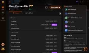 XMODhub client application interface for the game Aliens: Fireteam Elite 2, displaying available weapon and health trainers, game services, and usage tips.