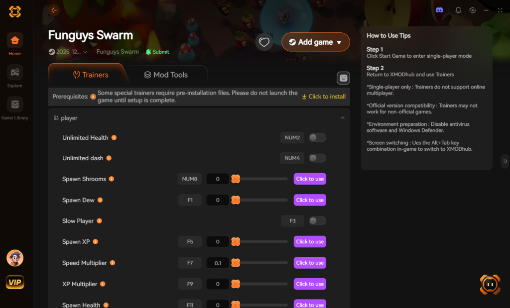 XMODhub client application interface for the game Funguys Swarm, displaying trainer options such as Unlimited Health, Unlimited Dash, and spawn modifiers alongside usage tips.