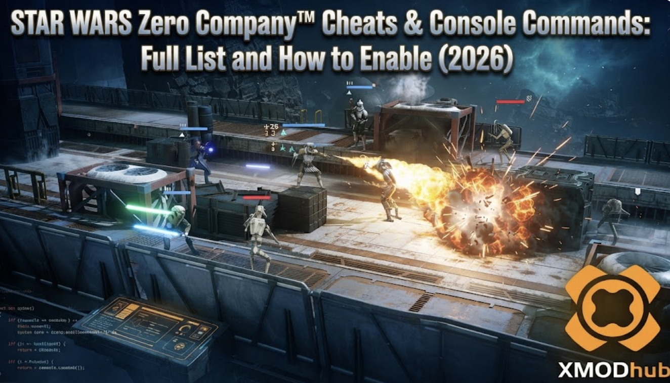 STAR WARS Zero Company™ Cheats & Console Commands: Full List and How to Enable (2026) thumbnail featuring XMODhub branding, tactical sci-fi combat, and console command overlays.