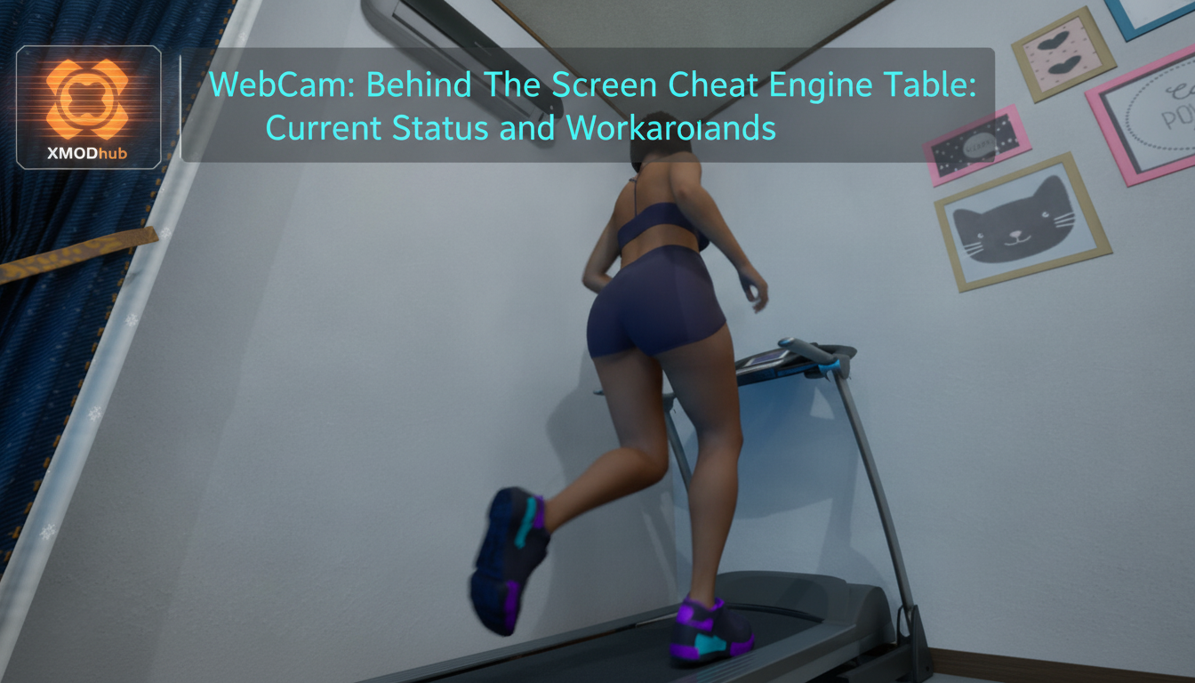 WebCam: Behind The Screen Cheat Engine Table: Current Status and Workaroiands thumbnail featuring XMODhub branding in the top-left box over a treadmill scene.