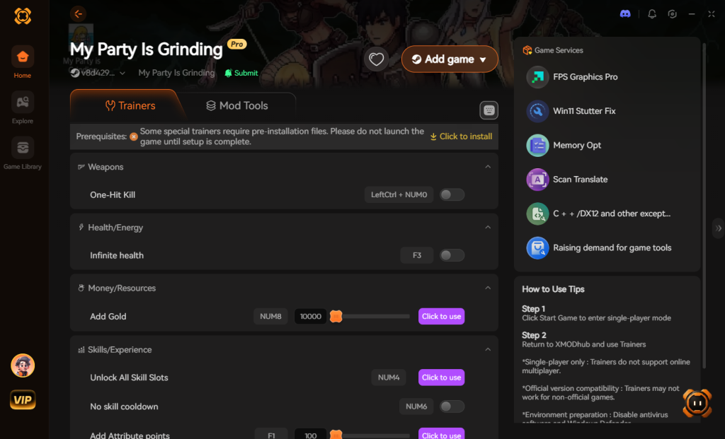 XMODhub client application interface for the game My Party Is Grinding, displaying trainer options such as One-Hit Kill, Infinite Health, Add Gold, and skill slot modifiers alongside game services and usage tips.