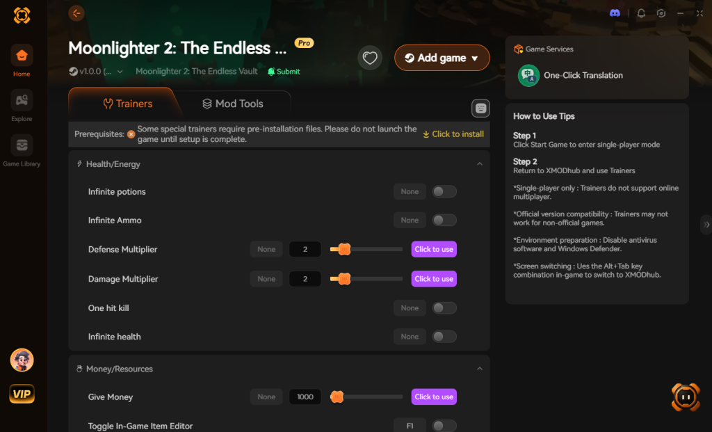 XMODhub client application interface for Moonlighter 2: The Endless Vault, displaying trainer options such as Infinite Potions, Infinite Ammo, Defense Multiplier, Damage Multiplier, One hit kill, Infinite health, and Give Money, alongside game services and usage tips.
